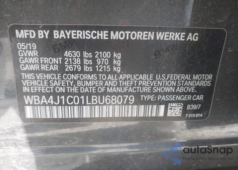 2020 BMW 430I Gran Coupe from USA, damaged, VIN WBA4J1C01LBU68079